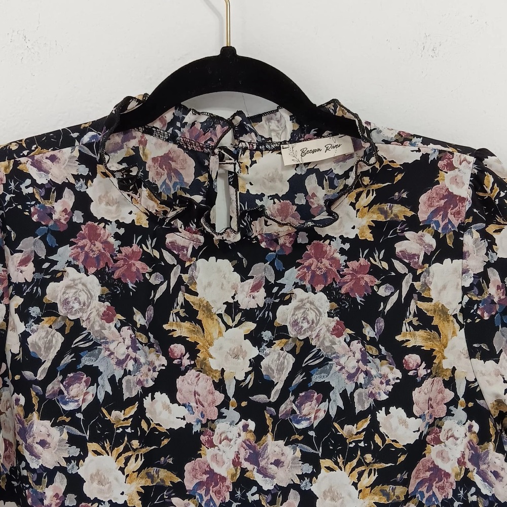 Rivers Dress M Black Floral Long Sleeve Round Neckβ Frill Hem Casual